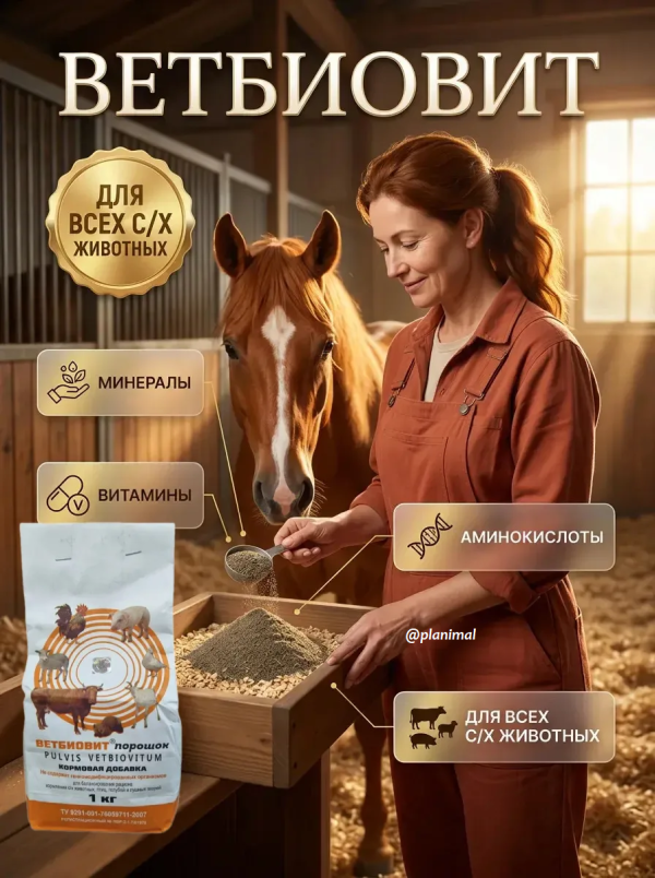Ветбиовит, кормовая добавка с витаминами, минералами, микроэлементами для с/х животных, птиц и пушных зверей, 1 кг