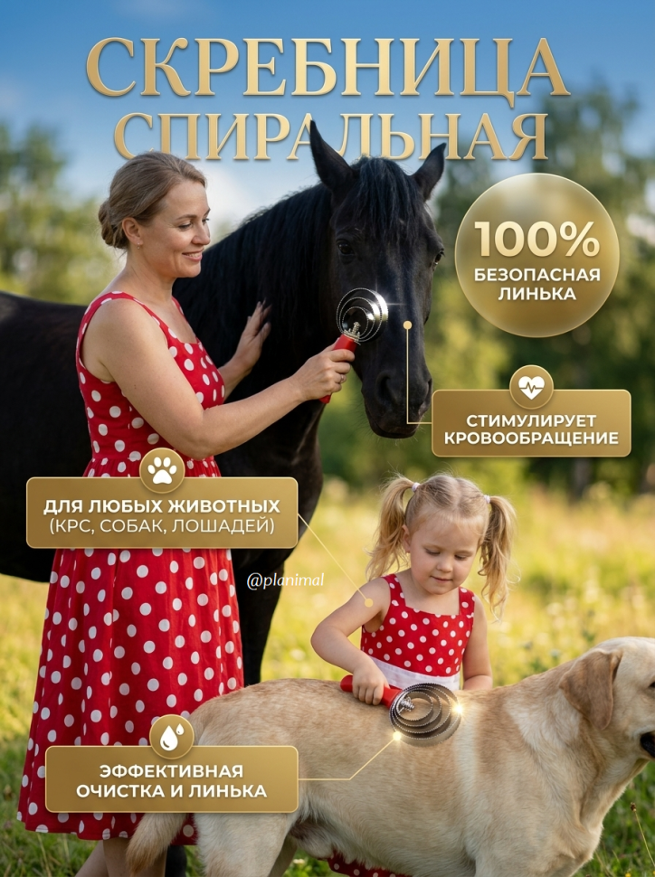 Скребница спиральная для лошади, коровы, овцы, козы, а также крупных собак, металл, пластиковая ручка, 23*10,5,*6 см, Китай 