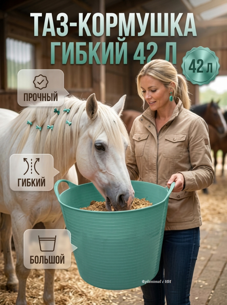Тазик - кормушка гибкий 42 л с ручками, пищевого пластика, D дна 34 см, верх 46 см, h= 34 см, нефритовый