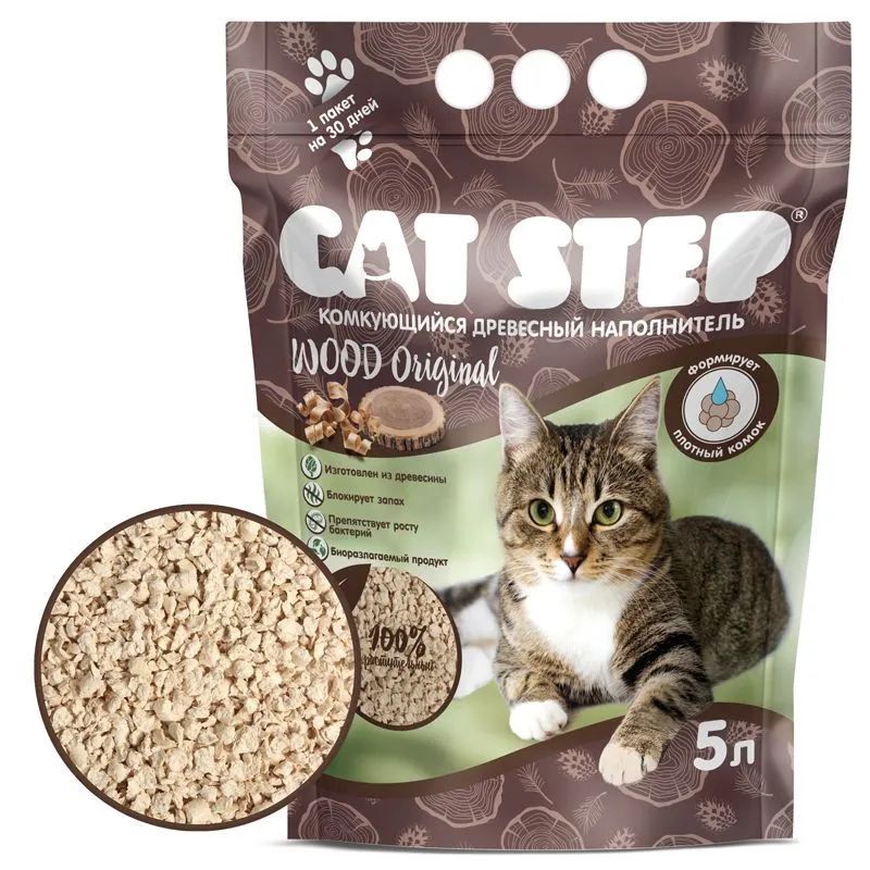 CAT STEP: Wood Original, наполнитель для кошек, комкующийся, растительный, 5 л.