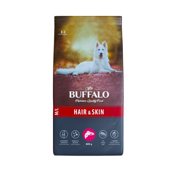 Mr. Buffalo: Hair & Skin M/L, корм с лососем, для средних и крупных собак, 800 гр