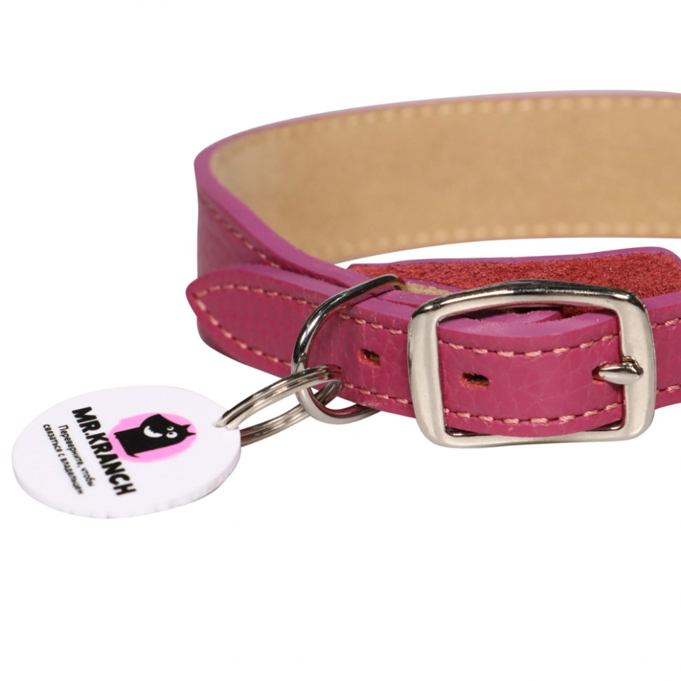 Mr.Kranch: Ошейник для собак, из натуральной кожи, с QR-адресником, малиновый, 38-45 см 