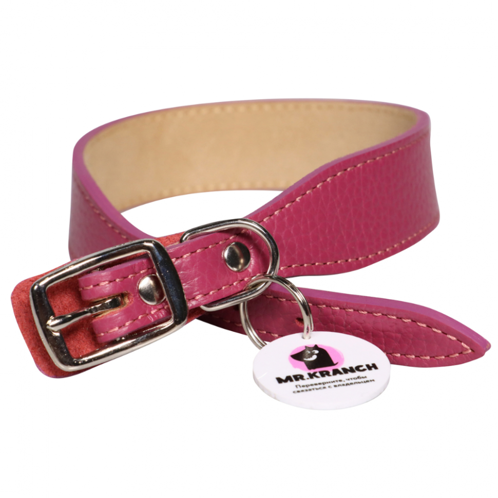 Mr.Kranch: Ошейник для собак, из натуральной кожи, с QR-адресником, малиновый, 38-45 см 