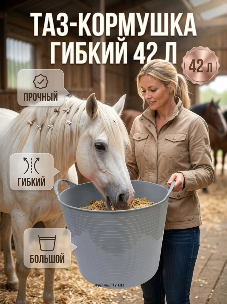 Тазик - кормушка гибкий 42 л с ручками, пищевого пластика, D дна 34 см, верх 46 см, h= 34 см, серый