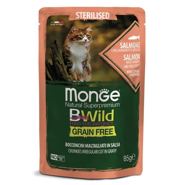 Monge: Cat BWild GRAIN FREE, паучи из лосося с креветками и овощами, для стерилизованных кошек, 85г
