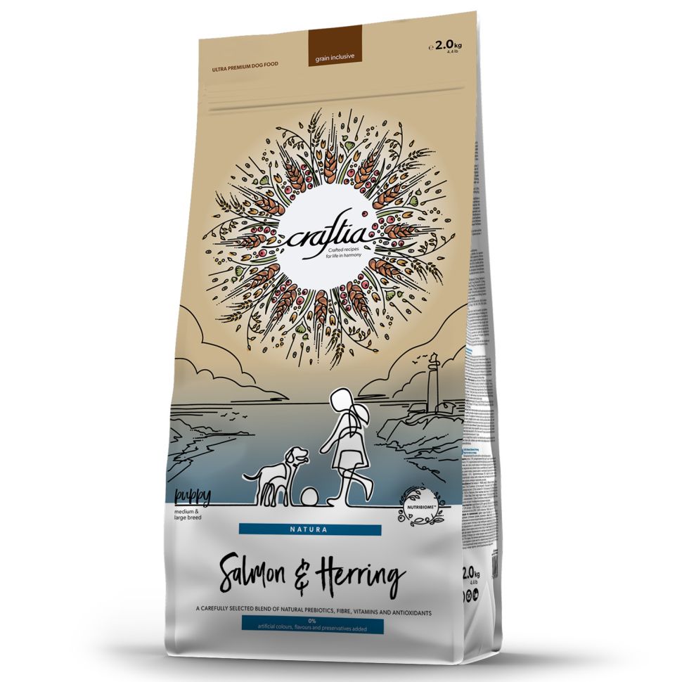 Craftia Natura: сухой корм, для щенков средних и крупных пород, из лосося и сельди, 2 кг