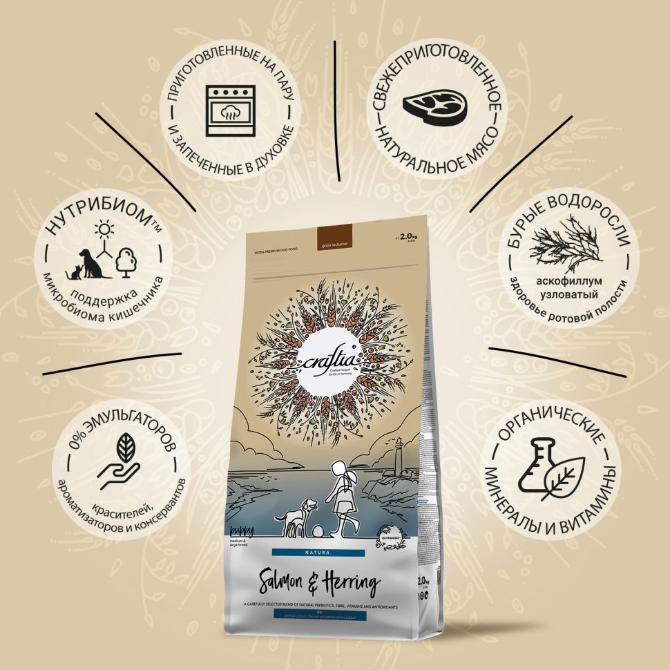Craftia Natura: сухой корм, для щенков средних и крупных пород, из лосося и сельди, 2 кг