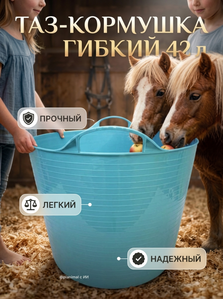 Тазик - кормушка гибкий 42 л с ручками, пищевого пластика, D дна 34 см, верх 46 см, h=34 см, голубой