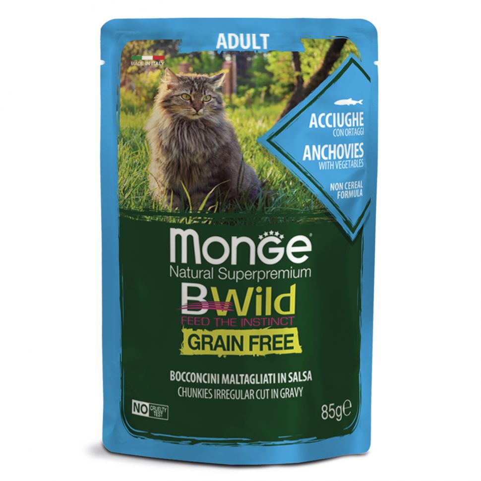 Monge: Cat BWild GRAIN FREE, паучи из анчоусов с овощами, для взрослых кошек, 85г