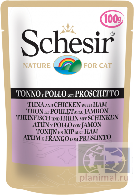 Schesir кура, тунец с ветчиной консервы для кошек, 100 гр. пауч