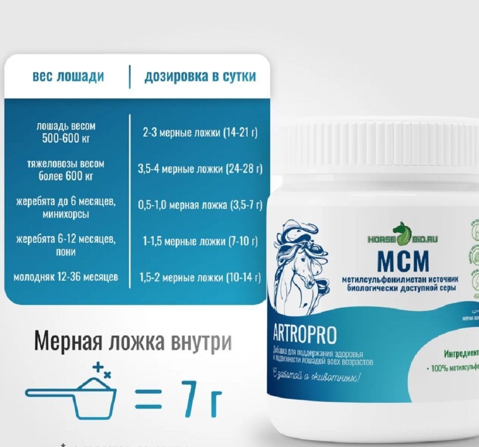 Horse-bio: МСМ ArtroPro для поддержания здоровья и подвижности лошадей, 900 гр.