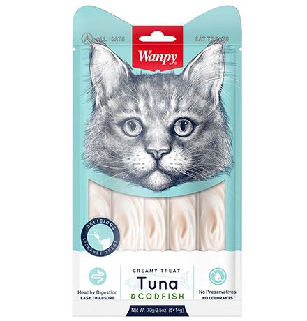 Wanpy Cat Лакомство для кошек «нежное пюре» из тунца и трески 70 гр.