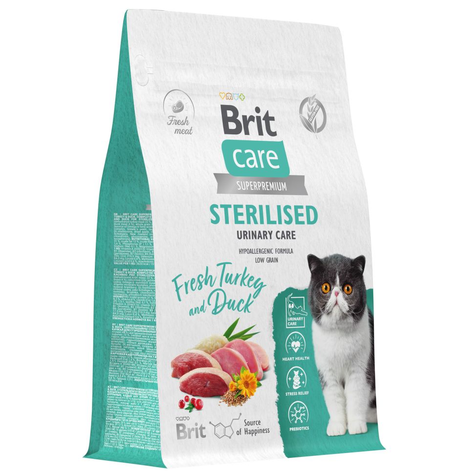 Brit: Cat Sterilised Urinary Care, Сухой корм с индейкой и уткой, для стерилизованных кошек, 400 гр