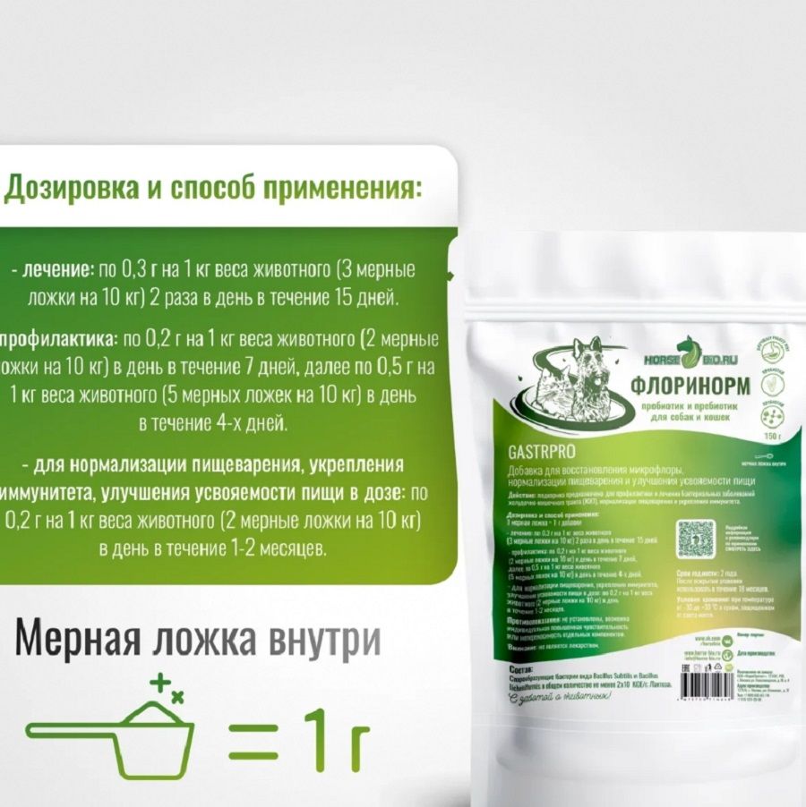 Horse-bio: Подкормка Флоринорм GastroPro пробиотик и пребиотик для собак и кошек, 150 гр.