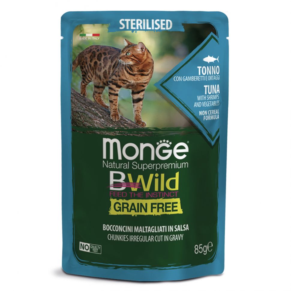 Monge: Cat BWild GRAIN FREE, паучи из тунца с креветками и овощами, для стерилизованных кошек, 85г