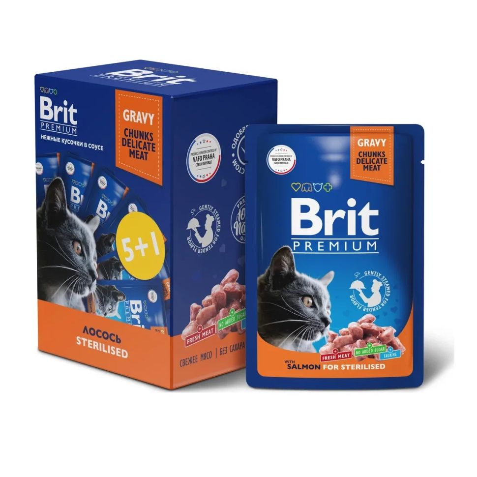 BRIT PREMIUM, Набор паучей для стерилизованных кошек, Лосось в соусе, 5+1, кормушка, 510 гр.