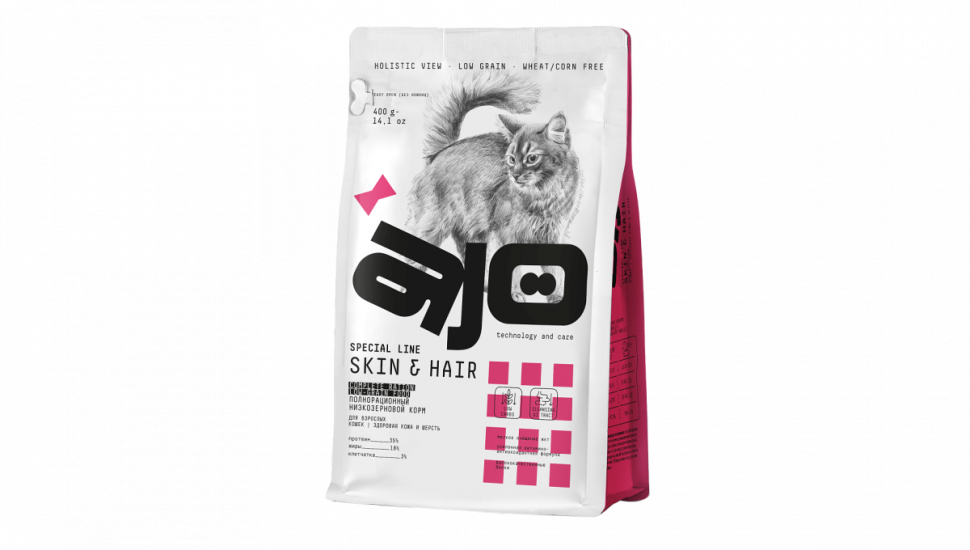 AJO SKIN & HAIR корм для кошек здоровая кожа и красивая шерсть с лососем и индейкой, 400 гр.