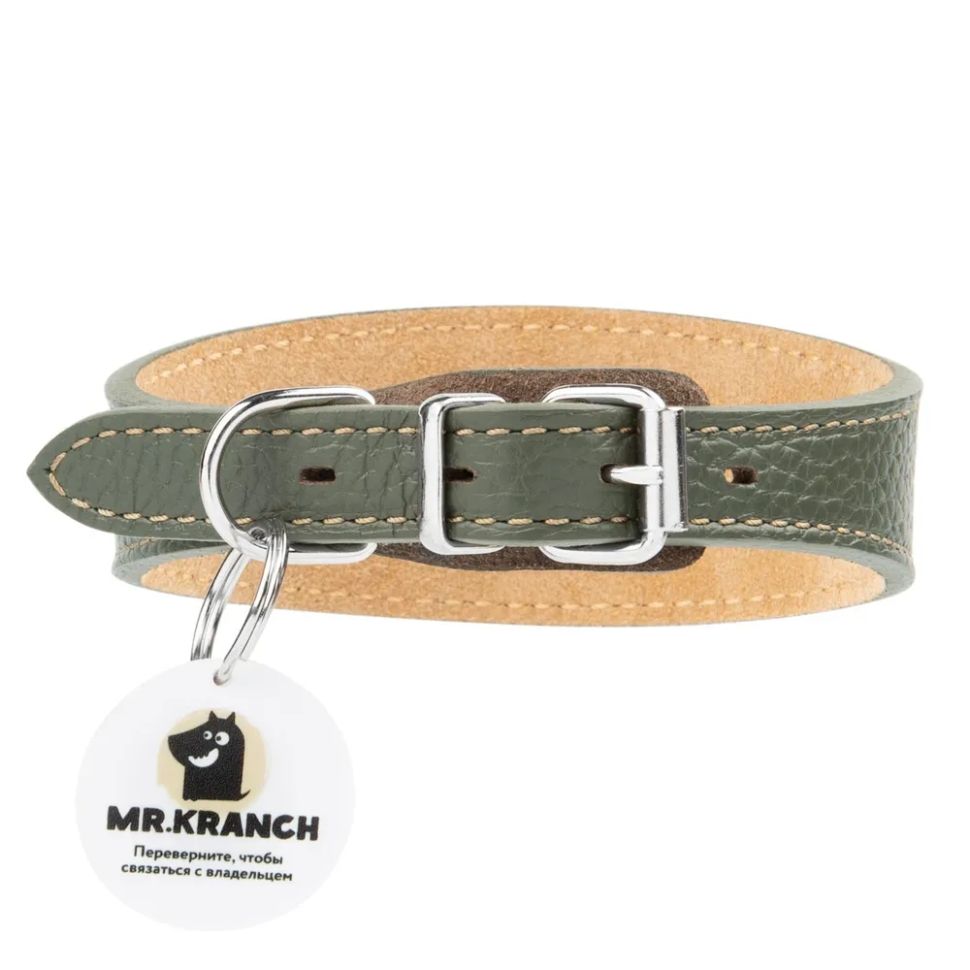 Mr.Kranch: Ошейник-селедка, для собак, из натуральной кожи, с QR-адресником, оливковый, 21-25 см