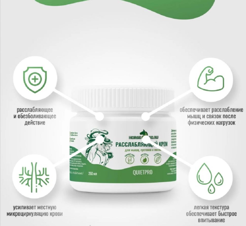 Horse-bio: Расслабляющий крем QuietPro, облегчения болей в суставах и связках для лошадей, 250 мл