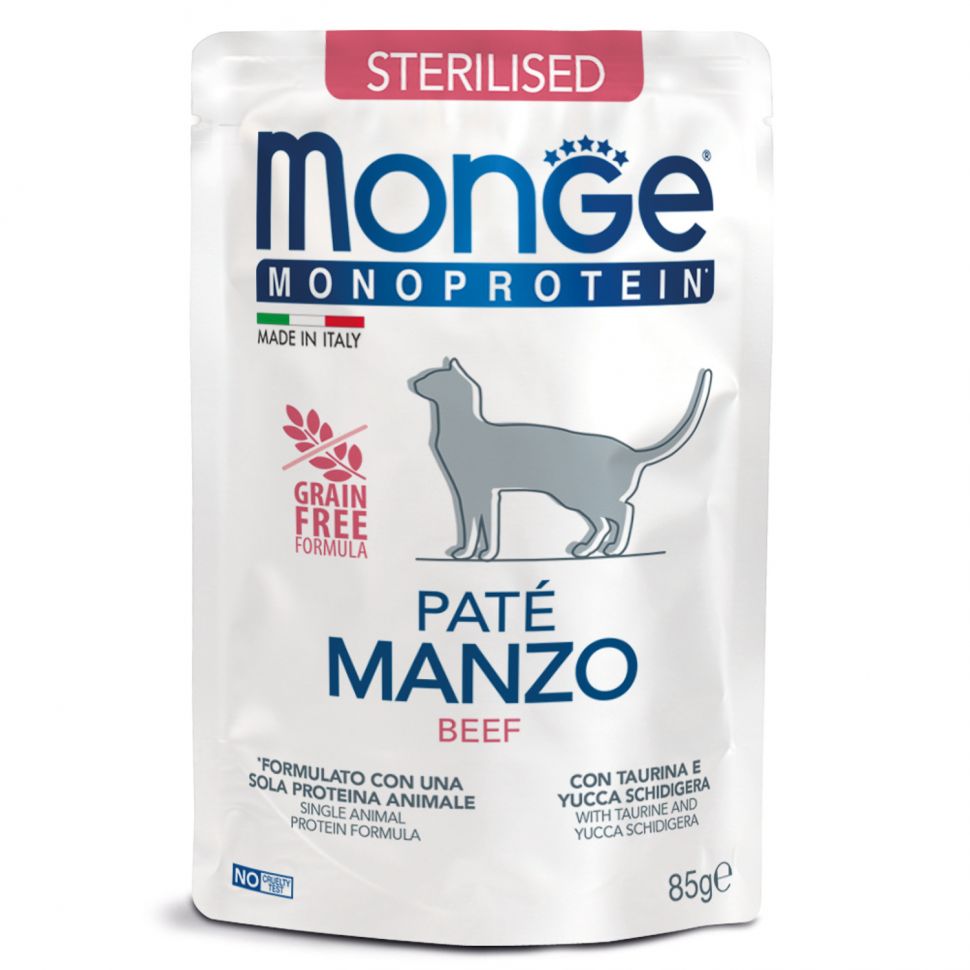 Monge: Cat Monoprotein Pouch, пауч для стерилизованных кошек, говядина, 85г