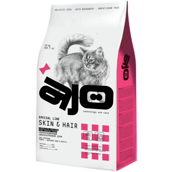 AJO SKIN & HAIR корм для кошек здоровая кожа и красивая шерсть с лососем и индейкой, 10 кг
