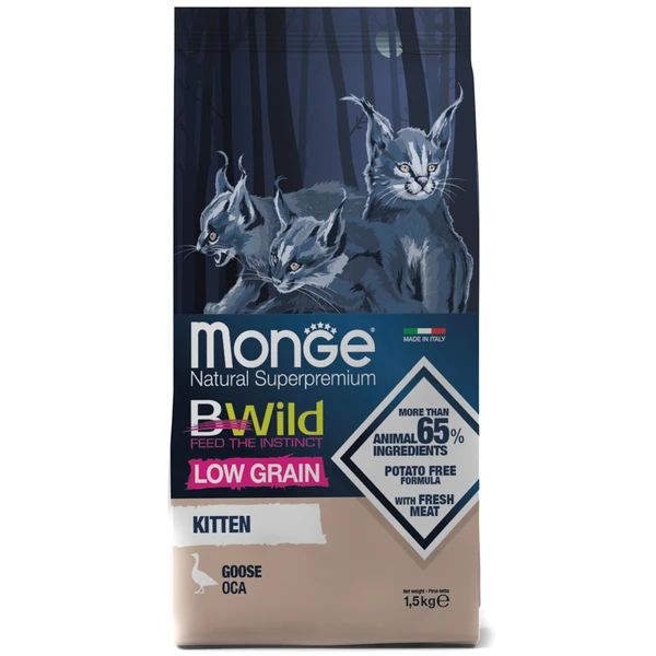 Monge: BWild LOW GRAIN Kitten, низкозерновой корм из мяса гуся, для котят, 1,5 кг