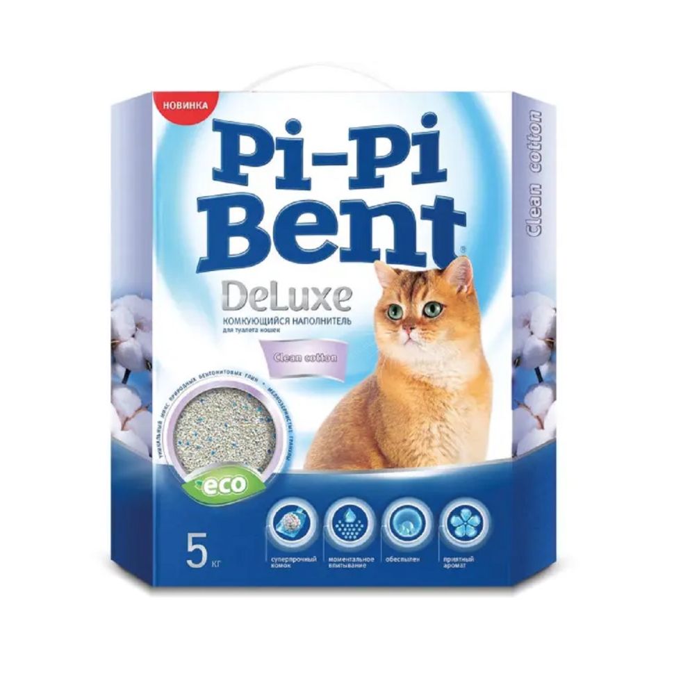 Pi-Pi Bent DeLuxe Clean cotton комкующийся бентонитовый наполнитель для кошек ароматом хлопка, 5 кг