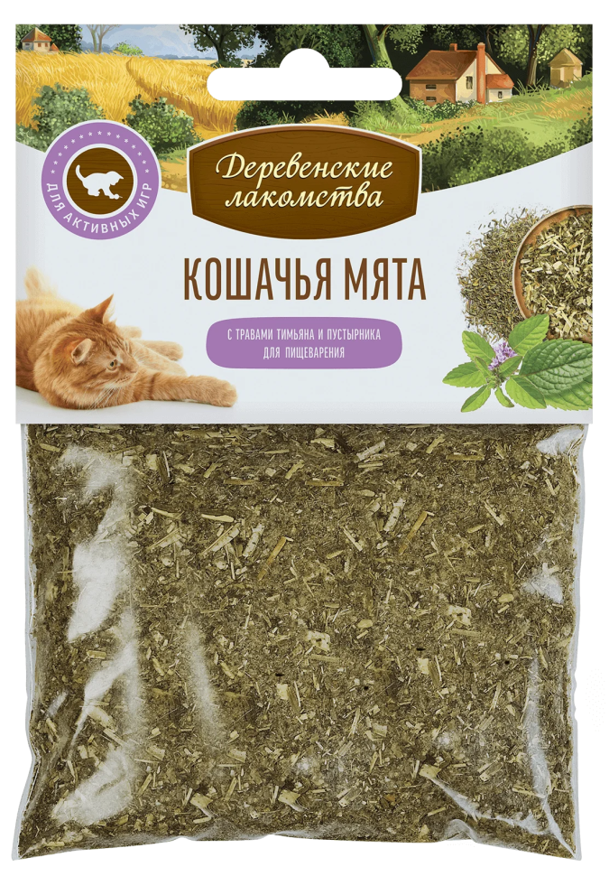 Деревенские Лакомства:  Кошачья мята Тимьян и пустырник для кошек, 15 гр.