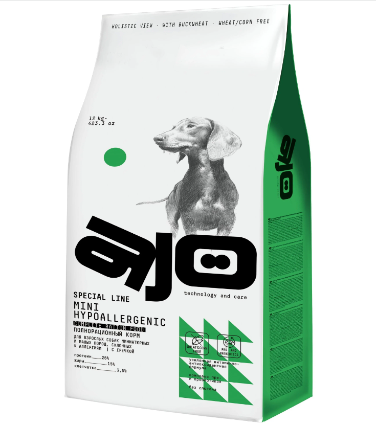 AJO MINI HYPOALLERGENIC корм для мелких и миниатюрных собак, склонных к аллергии с индейкой, 12 кг
