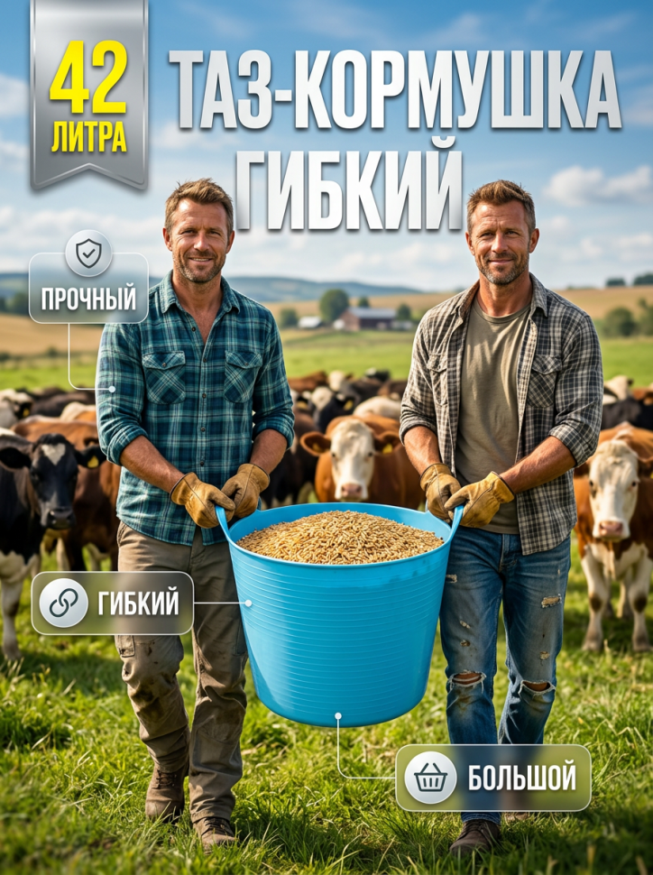 Тазик - кормушка гибкий 42 л с ручками, из пищевого пластика, D дна 34 см, верх 46 см, h= 34 см, резина 3,5 мм, Китай