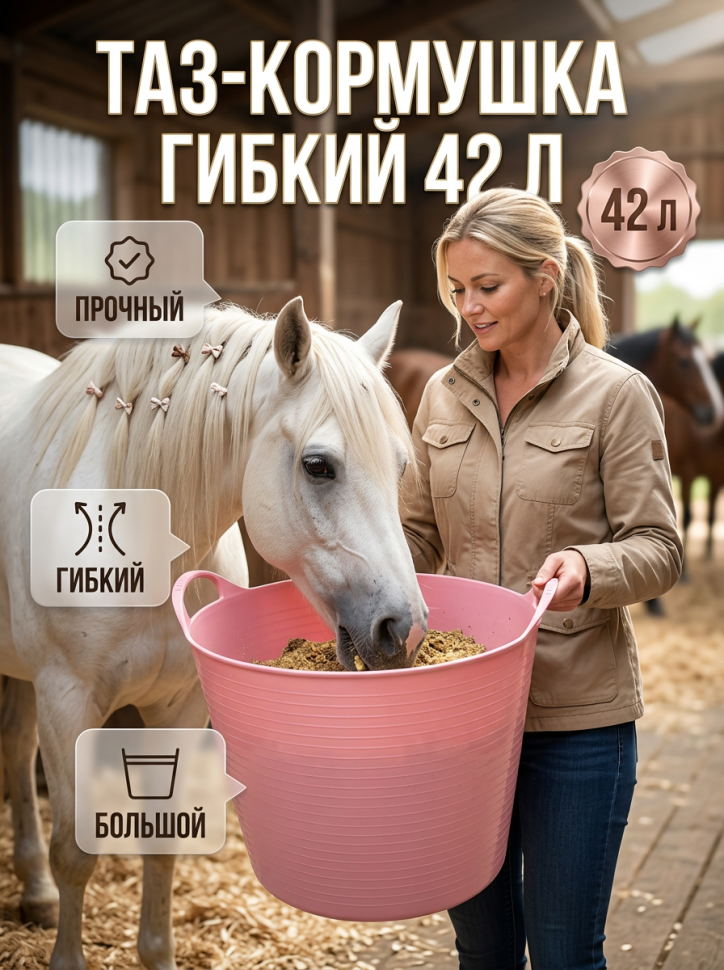 Тазик - кормушка гибкий 42 л с ручками, из пищевого пластика, D дна 34 см, верх 46 см, h= 34 см, резина 3,5 мм, Китай
