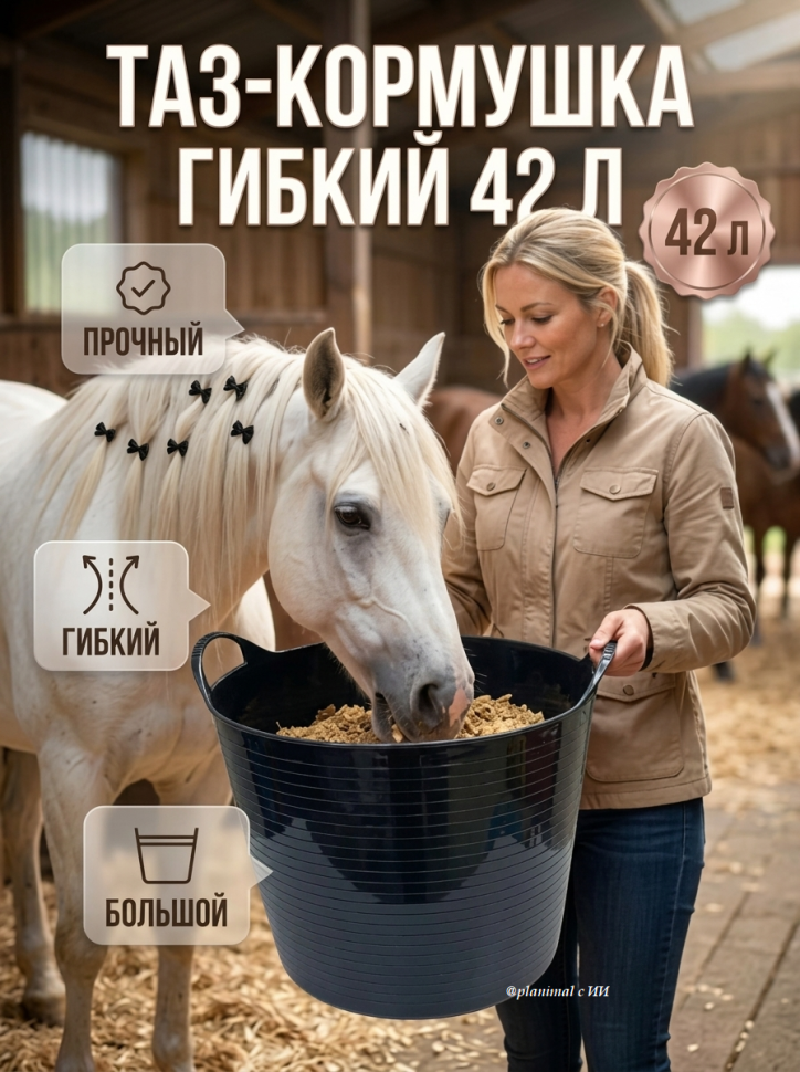 Тазик - кормушка гибкий 42 л с ручками, из пищевого пластика, D дна 34 см, верх 46 см, h= 34 см, резина 3,5 мм, Китай, черный