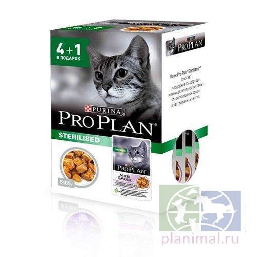 Консервы Purina Pro Plan для стерилизованных кошек и кастрированных котов, промо-набор 4+1, курица/утка, 5 паучей по 85 гр., 425 гр.