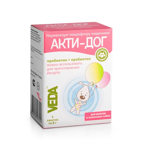 Веда: Акти-Дог, пробиотик, для щенков и маленьких собак, 5 пак. х 8 гр.