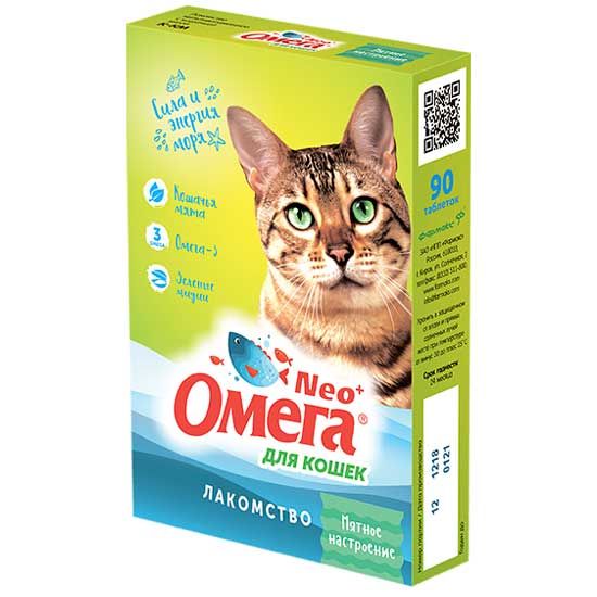 Омега Neo+ Мятное настроение для кошек, витаминизированное лакомство с кошачьей мятой, 90 табл.