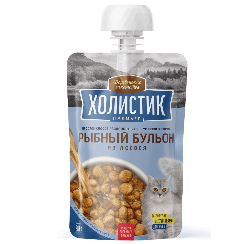 Деревенские лакомства: Холистик Премьер Рыбный бульон из лосося для кошек, 90 гр. х 10 шт, 900 гр.