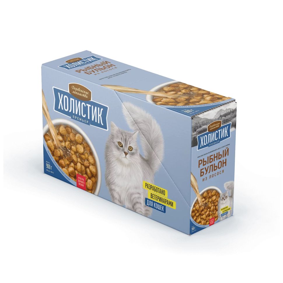 Деревенские лакомства: Холистик Премьер Рыбный бульон из лосося для кошек, 90 гр. х 10 шт, 900 гр.