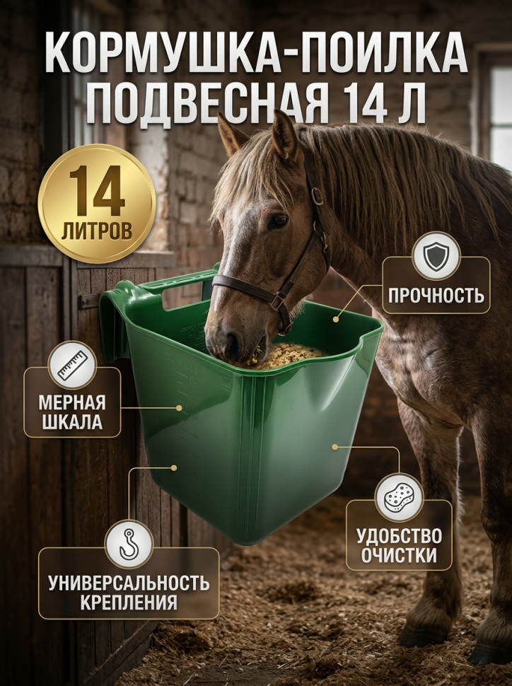 Кормушка / поилка пластик подвесная с ручкой, усиленная 14 л., D дня 20-22 см, D верха 27-28 см, h 27 см, толщина пластика 5 мм, Китай