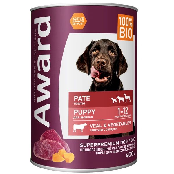AWARD: влажный корм для щенков от 1 месяца, паштет из телятины с овощами, 400 гр.