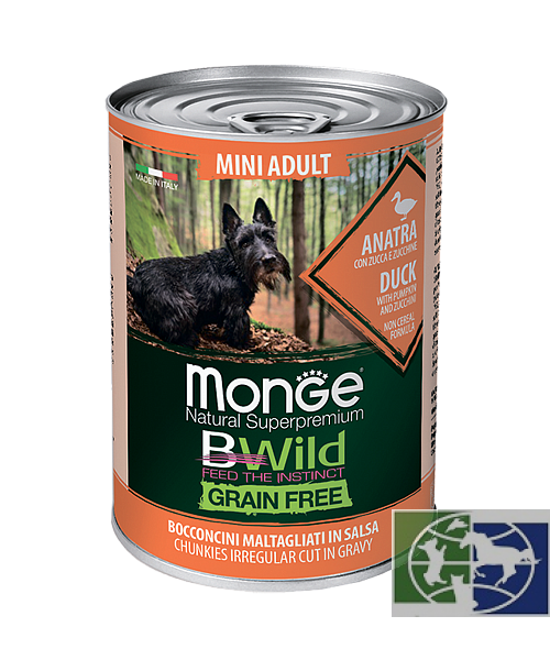 Monge Dog BWild GRAIN FREE Mini беззерновые консервы из утки с тыквой, кабачками для мелких пород собак, 400г
