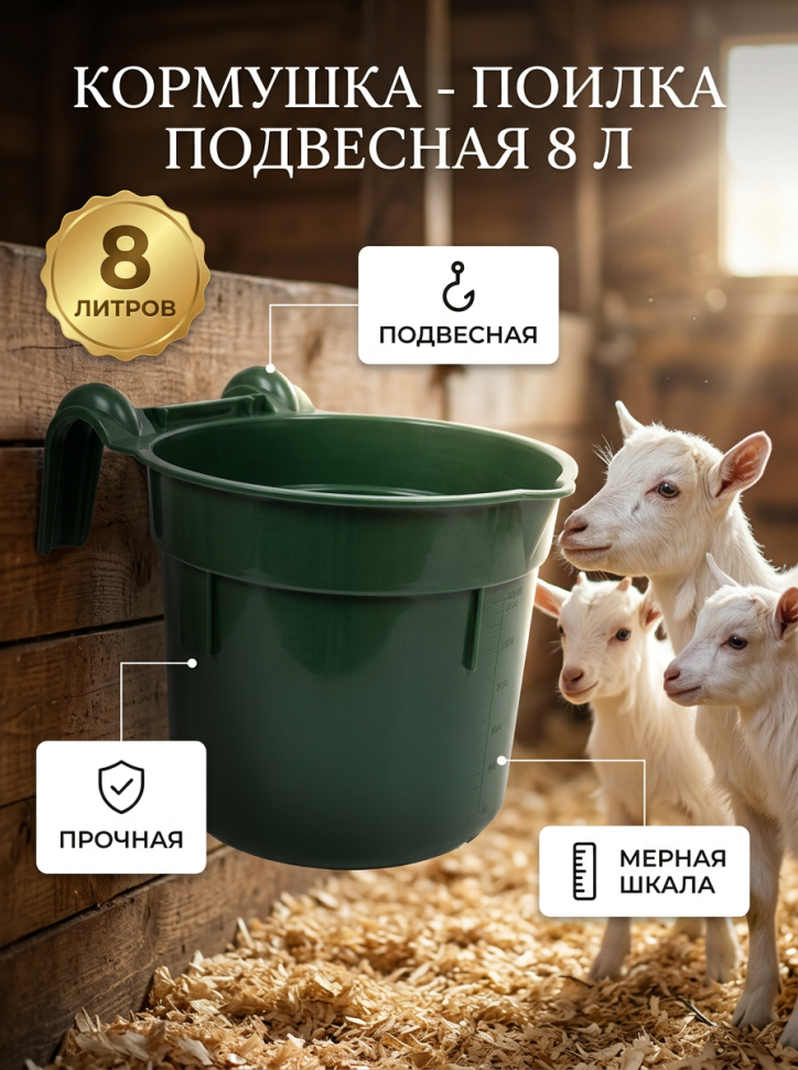 Кормушка / поилка пластик подвесная круглая, усиленная 8 л., D дня 20 см, D верха 25 см, h= 21 см, толщина пластика 4.5 мм, Китай