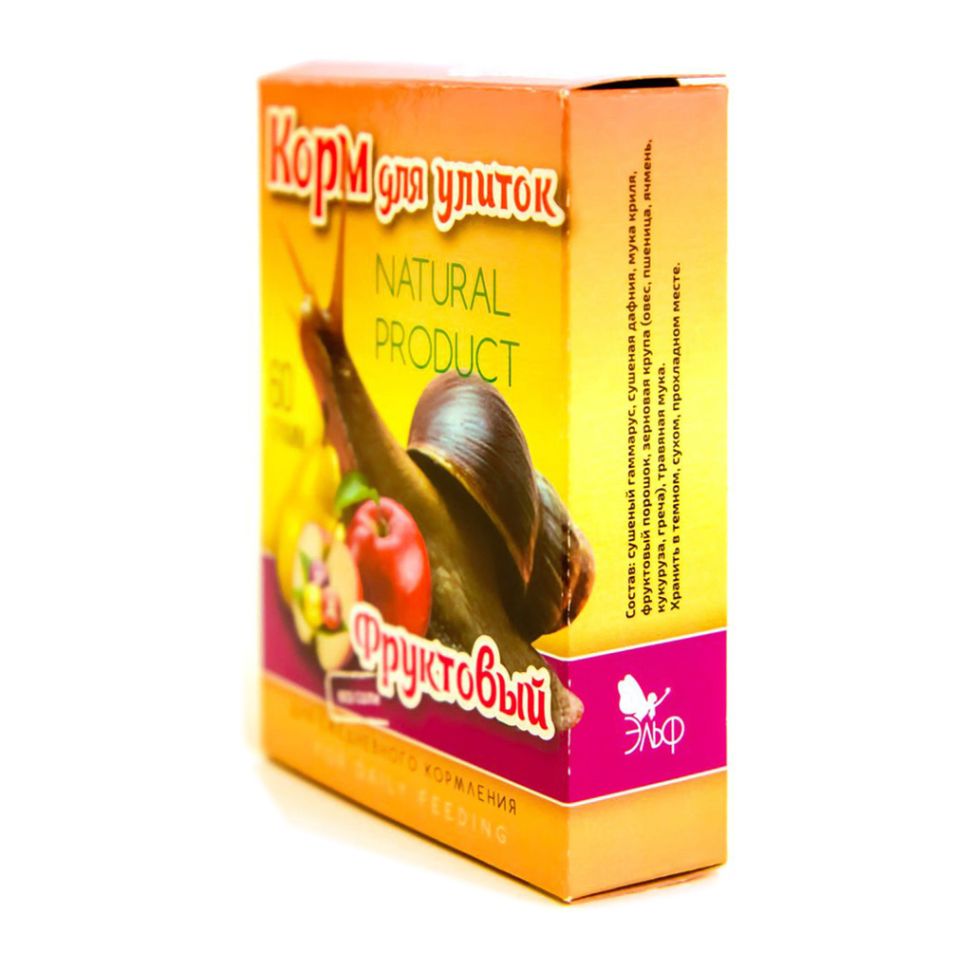 Эльф: Корм для улиток фруктовый: гаммарус, дафния, криль, фруктовый порошок, крупы, ВТМ, 60 гр