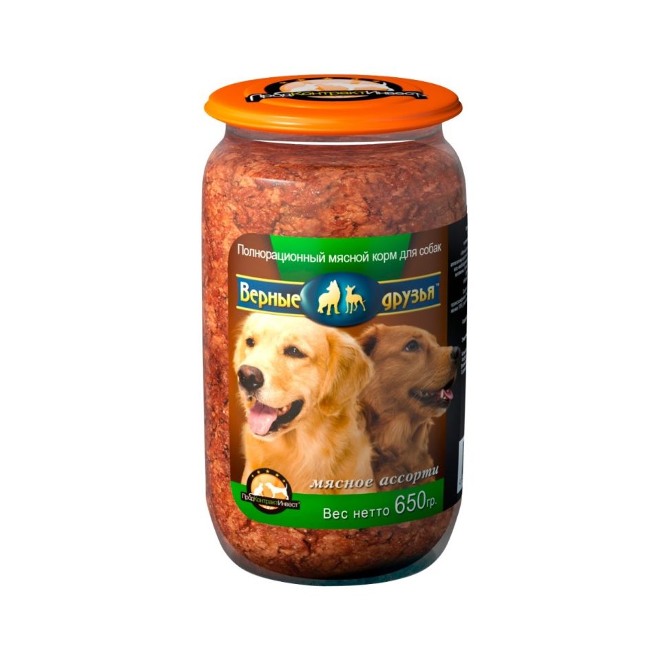 Верные друзья: консервы для собак, мясное ассорти, стеклянная банка, 650 гр