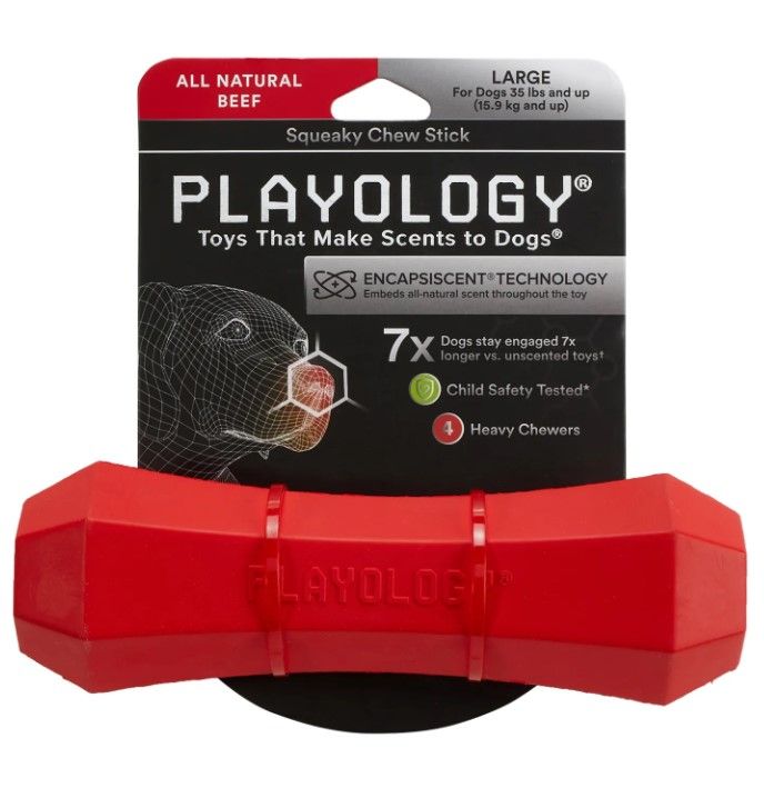 Playology жевательная палочка SQUEAKY CHEW STICK для собак средних и крупных пород с ароматом говядины, большая, цвет красный