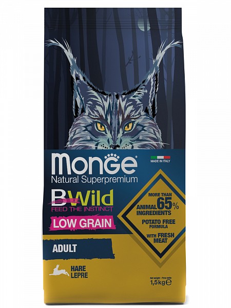Monge BWild Cat Hare LOW GRAIN низкозерновой корм для взрослых кошек с мясом зайца 1,5 кг