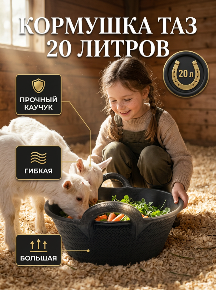 Кормушка резиновая таз, D дна 37 см,  D верха 48 см, h 17 см, объём 20 л., каучук толщиной 7,2 см, Китай