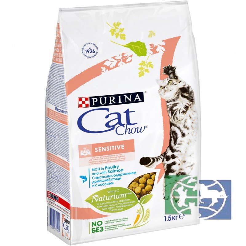 Сухой корм Purina Cat Chow Sensitive для взрослых кошек с чувствительным пищеварением, птица и лосось, 1,5 кг