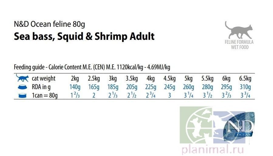 Корм влажный ND Cat OCEAN Sea Bass, Squid & Shrimp / Сибас с кальмаром и креветками для кошек 80 гр.
