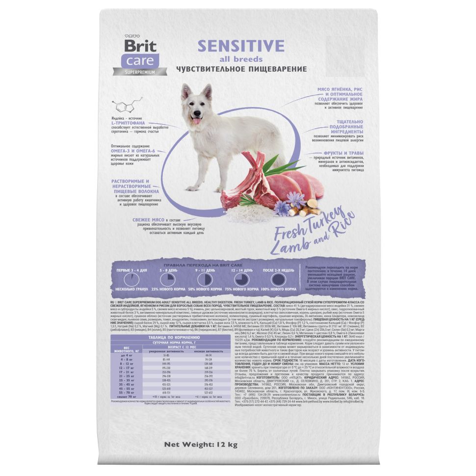 Brit: Care Dog Adult Sensitive Healthy Digestion, Сухой корм с индейкой и ягненком, для собак всех пород, 12 кг