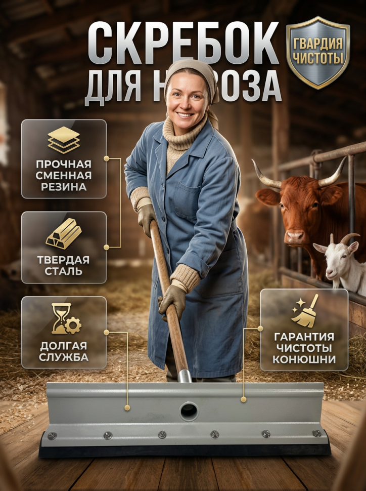 Скребок для твердого и жидкого навоза металл, суперпрочная резина 6,5 мм, 55 х 15 см, без ручки, Китай